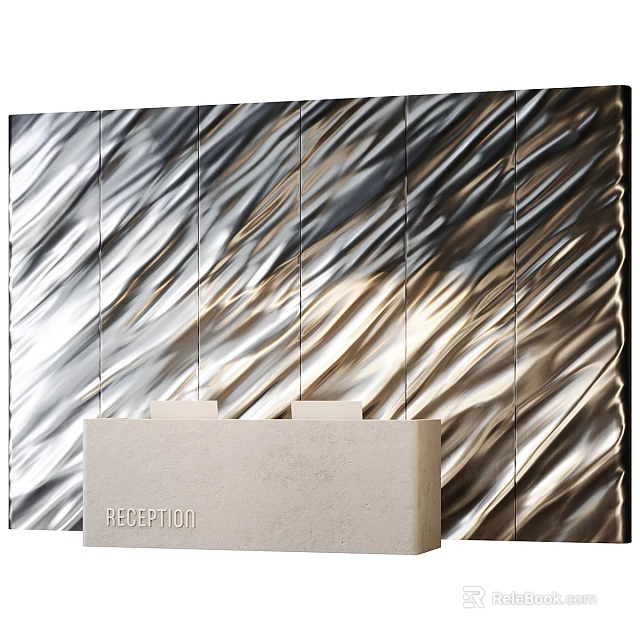 Modern Reception Desk With Sleek Design And Wavy Metallic Backdrop Wall 3d model