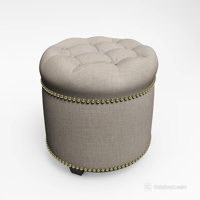 Round Tufted Light Gray Fabric Ottoman With Gold Nailhead Trim 3d model 