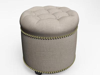 Round Tufted Light Gray Fabric Ottoman With Gold Nailhead Trim 3d model