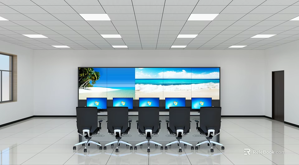 Modern Control Room With Multiple Monitoring Screens Black Office Chairs And Ceiling Lights 3d model 