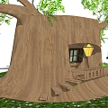 Charming Tree Stump House Featuring Door Window Swing and Green Grass 3d model