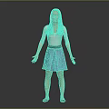 Woman standing with open hands in white top and light blue skirt against dark background