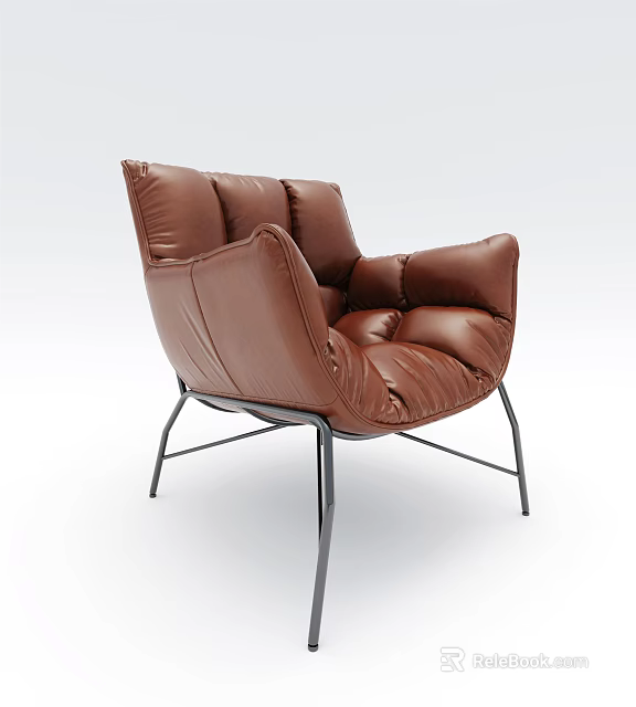 Modern Stylish Brown Leather Single Sofa with Metal Legs and Armrests 3d model 