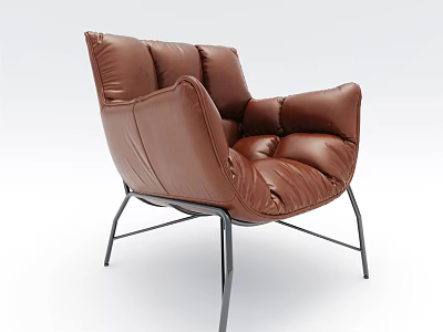 Modern Stylish Brown Leather Single Sofa with Metal Legs and Armrests 3d model