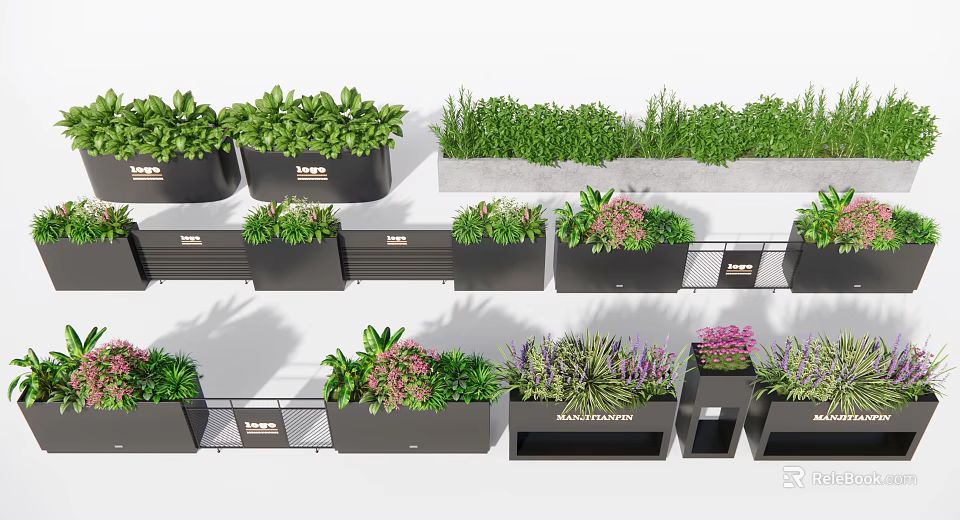 Various Flowers And Green Plants In Black Planters With Herb And Flower Combinations 3d model 