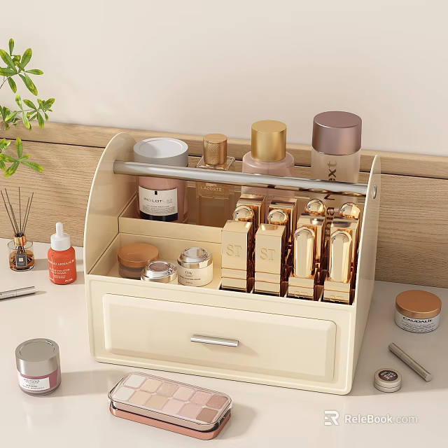 Beige Cosmetic Storage Organizer With Drawer Perfume Bottles Skincare Jars And Golden Caps 3d model 