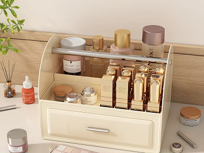 Beige Cosmetic Storage Organizer With Drawer Perfume Bottles Skincare Jars And Golden Caps 3d model