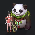 Game and Movie Character Panda with Bamboo Leaf Decoration and Red Outfit Girl