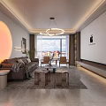 Modern Living Room Interior Design With Circular Pendant Light Sofa Coffee Table Rug And Plant