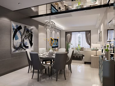 Modern Dining Living Room Interior Featuring Gray Chairs Dining Table Chandelier Abstract Painting And Sofa 3d model