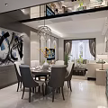 Modern Dining Living Room Interior Featuring Gray Chairs Dining Table Chandelier Abstract Painting And Sofa