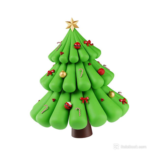 Festive Decorative Ornament Set with Green Christmas Tree Golden Star Red Bows and Candy Canes 3d model 