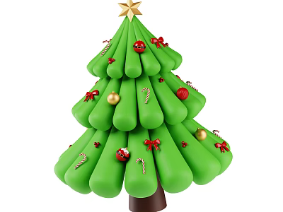 Festive Decorative Ornament Set with Green Christmas Tree Golden Star Red Bows and Candy Canes 3d model