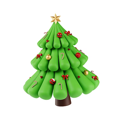 Festive Decorative Ornament Set with Green Christmas Tree Golden Star Red Bows and Candy Canes 3d model