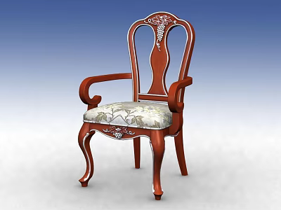 Classic Wooden Dining Chair With Carved Backrest Armrests And Light Patterned Cushion 3d model