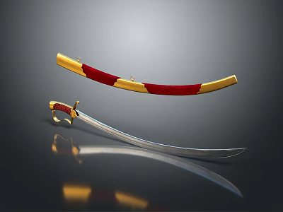 Curved Scimitar Weapon With Silver Shiny Blade Red And Gold Decorated Hilt And Scabbard 3d model