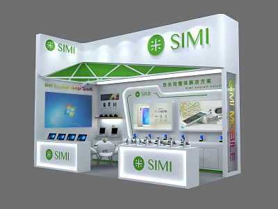 SIMI Exhibition Booth with White and Green Canopy Display Products and Screen 3d model