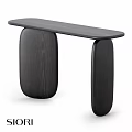 Modern Minimalist Dining Table With Curved Wooden Legs And Sleek Black Surface