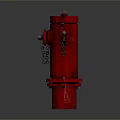 Red Fire Hydrant On Building Exterior With Chain And Bolt Details
