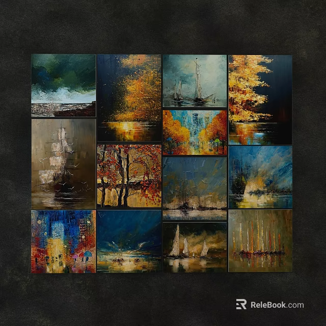 Diverse Oil Paintings Featuring Landscape Sailboats Autumn Leaves And Abstract Scenes 3d model 