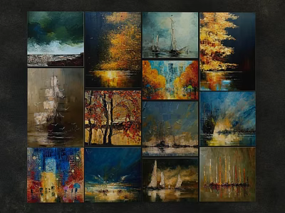 Diverse Oil Paintings Featuring Landscape Sailboats Autumn Leaves And Abstract Scenes 3d model