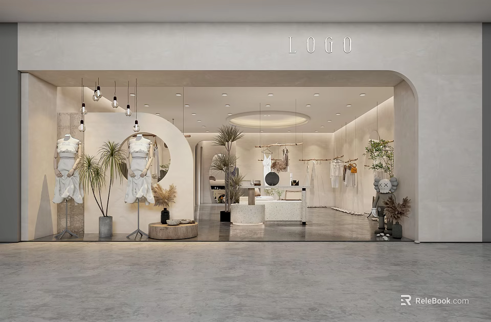 Modern Clothing Store Interior With Arc Entrance Displayed Clothes Hanging Lights And Plants 3d model 