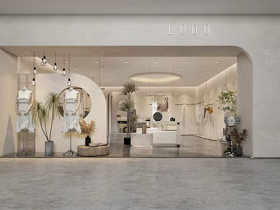 Modern Clothing Store Interior With Arc Entrance Displayed Clothes Hanging Lights And Plants 3d model