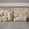 Modern Clothing Store Interior With Arc Entrance Displayed Clothes Hanging Lights And Plants