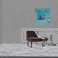Interior Decor With Brown Leather Chair Patterned Throw Small Table And Pool Painting