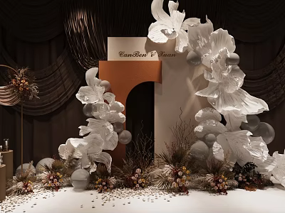 Floral Installation With Large White Flowers Brown White Backdrop Balloons Dark Curtain Background Details 3d model