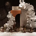 Floral Installation With Large White Flowers Brown White Backdrop Balloons Dark Curtain Background Details