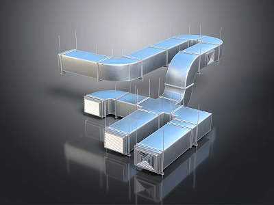 Shiny Silver Industrial Metal Ductwork With Complex Connected Structures On Dark Background 3d model