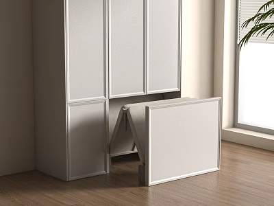 White Foldable Storage Cabinet With Sliding Doors In Wooden Floor Room 3d model
