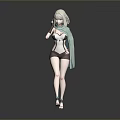 3D Female Character With Light Hair Green Shawl And Dark Outfit Standing In Gray Background