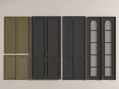 Various Design Wardrobe Doors Including Louvered Paneled Glass and Plain Styles in Green and Black 3d model