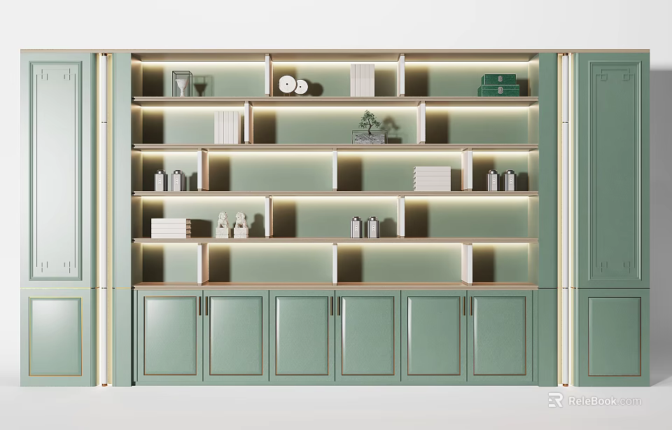 Light Green Decorative Cabinet With Illuminated Shelves Storage Units And Decor Items 3d model 