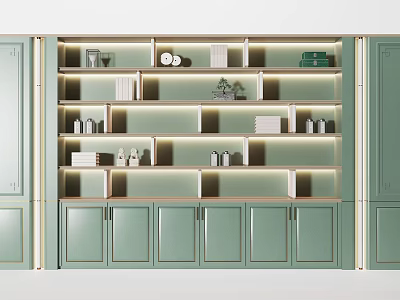 Light Green Decorative Cabinet With Illuminated Shelves Storage Units And Decor Items 3d model