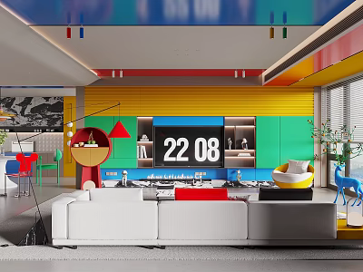 Vibrant Bold Color Block Open Living And Dining Room Interior Design With Playful Modern Furniture 3d model