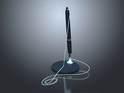Black pen with white cord on black base and blue light reflection in gray gradient 3d model