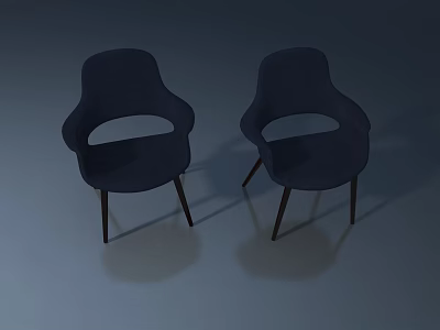 Two Dark Blue Modern Chairs With Curved Backrest Armrests And Wooden Legs 3d model