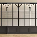 Modern Black Frame Sliding Doors With Arched Grid Glass And Panel Design 3d model