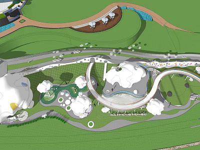 Lush Park Landscape With Winding Paths Green Lawns And Circular Recreational Areas 3d model