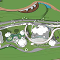 Lush Park Landscape With Winding Paths Green Lawns And Circular Recreational Areas