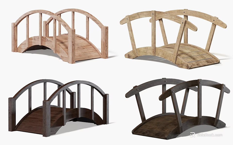Various Wooden Arch Bridges with Curved Railings and Natural Wood Textures 3d model 