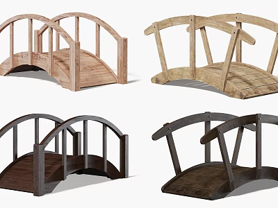 Various Wooden Arch Bridges with Curved Railings and Natural Wood Textures 3d model