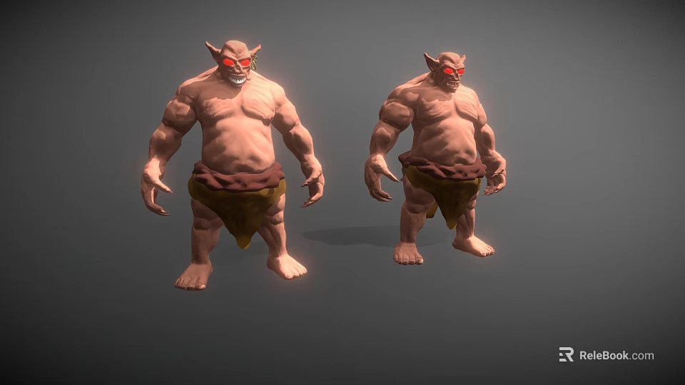 Two Standing Muscular Horned Fantasy Game Characters With Red Eyes And Loincloth 3d model 
