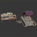 Detailed Tank Model Display Scene With Red Table And Boxes Items On Top 3d model