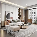 Modern Living Dining Room Interior With Neutral Sofa Abstract Artwork And Decorative Shelves