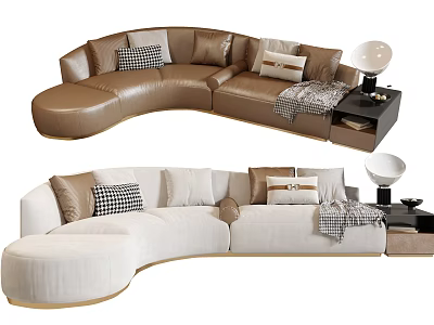 Modern Brown and White Curved Sectional Sofa with Pillows Throw Blanket Side Table Lamp 3d model