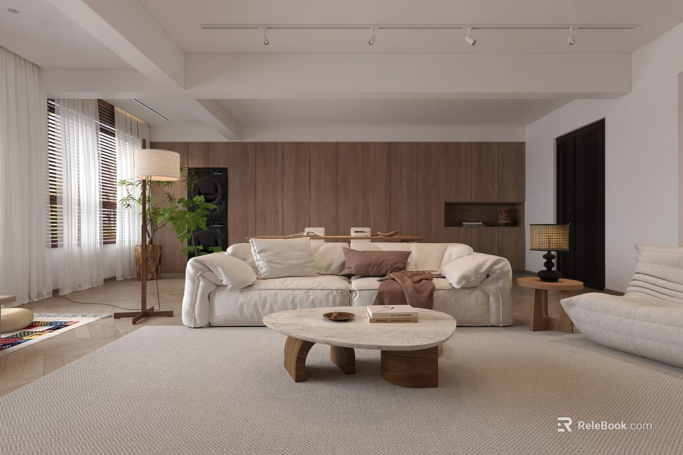 Modern Living And Dining Room Interior With White Sofa Wooden Coffee Table And Area Rug 3d model 